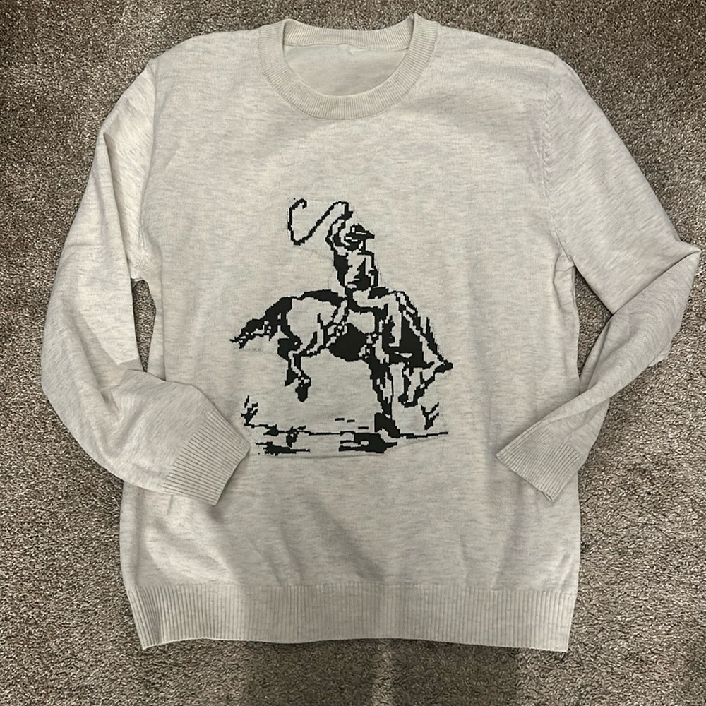 Cowboy Graphic Knit Sweater - Light Gray